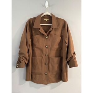 Democracy Women's Brown Shirt‎ Jacket Ruched Sleeves Utility Pockets Size L
